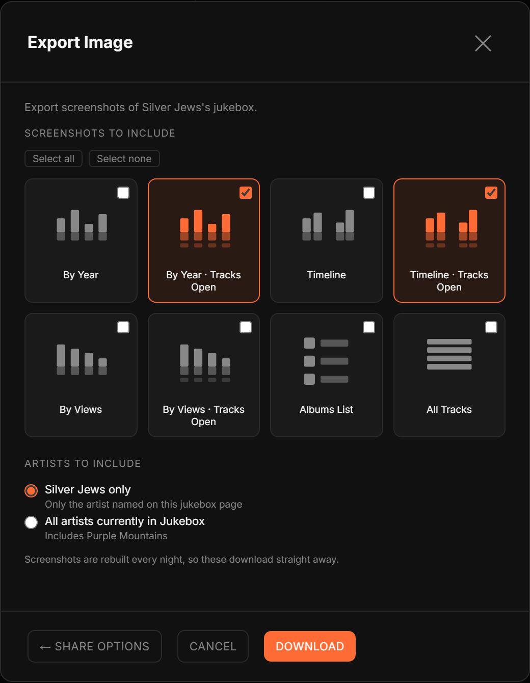 The Export Image window listing the available pictures