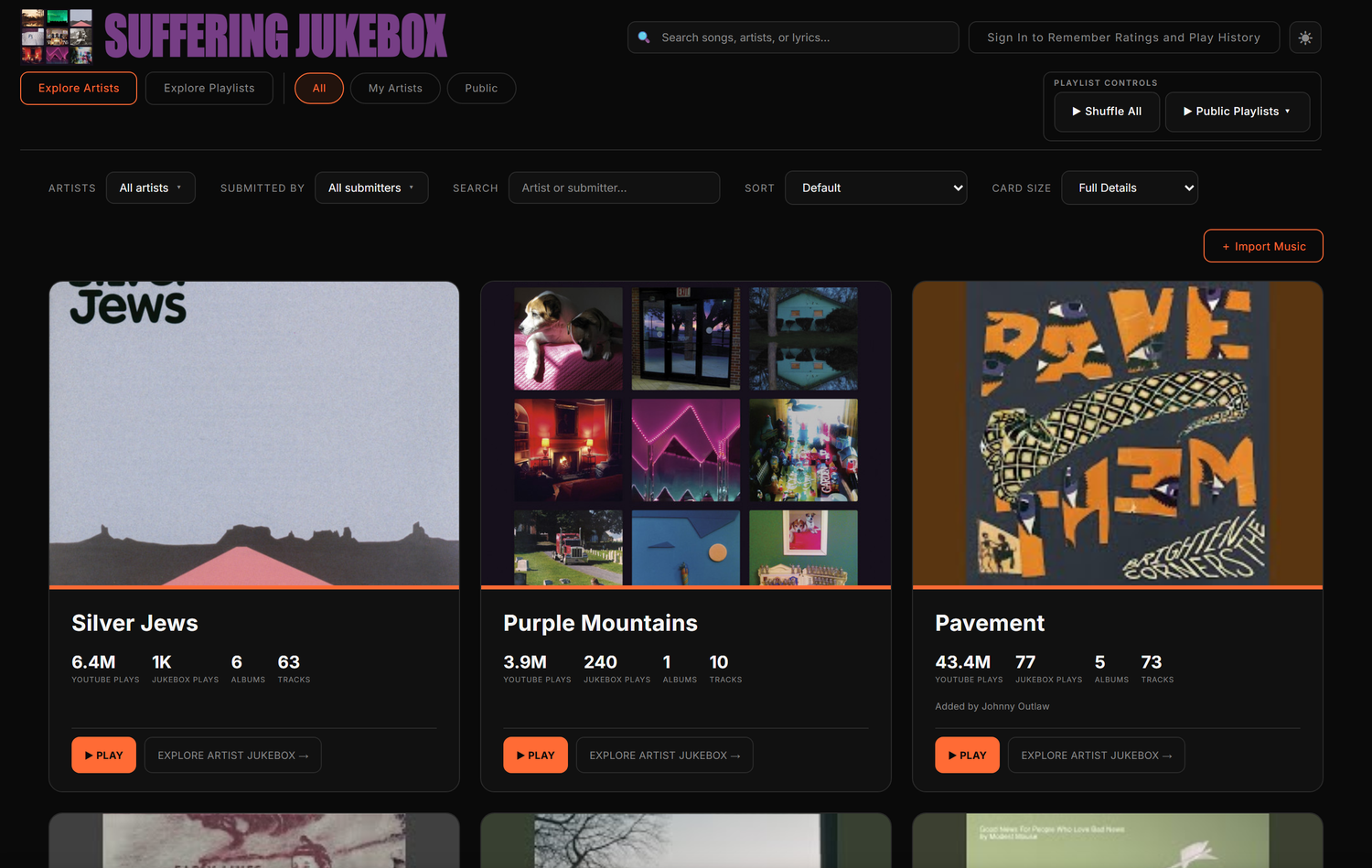 The Explore Artists grid, showing artist cards with album art and play counts