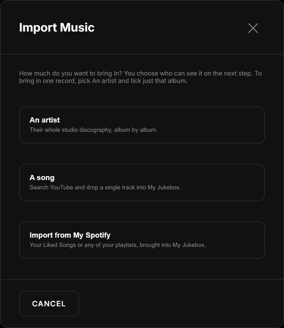 The Import Music window asking how much music to bring in